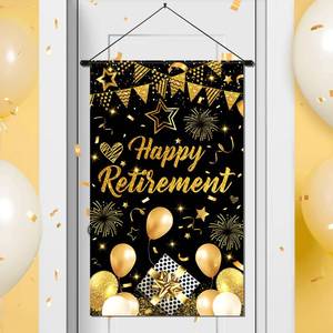 lot 14234 image: Black Gold Retirement Door Sign Decorations Happy Retirement Door Banner Small Hanging Banner Porch Front Door Decor for Men Women Employee Farewell Appreciation Party Cruise Party Sign Supplies