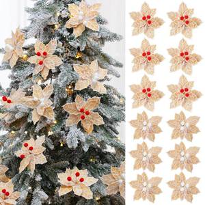 lot 14238 image: Daifunli 12 Pcs Christmas Gingerbread Poinsettia Clips Flowers Tree Picks with Red White Berries 5.9 Inches Christmas Tree Decoration for Xmas Home Vase Ornaments(Gold)