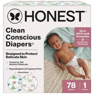 lot 3396 image: The Honest Company Comfort Dry Disposable Diapers for Sensitive Skin, Hypoallergenic, All The Alpacas  Turtle Time, Club Box Size 1 (8-14 lbs) 78 Count