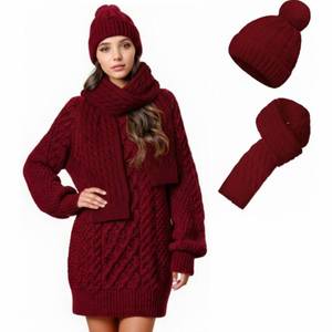 lot 3407 image: Cutecrop 3 Pcs Winter Women Long Sleeve Oversized Cable Knit Sweater Dress 2025 Winter Chunky Pullover Beanie Hat Scarf(Wine Red,XL)
