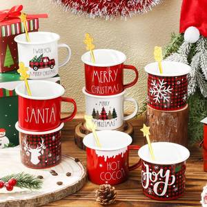 lot 3409 image: Sliner 8 Set Christmas Coffee Mugs with Spoon 12 Oz Holiday Coffee Enamel Mug Hot Cocoa Design Christmas Gift Mugs for Xmas Friends Coworker Office Home(Red Plaid)