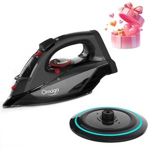 lot 13592 image: OMAIGA Cordless Iron for Clothes, 1500W Steam Iron Rapid Heating, Ceramic Soleplate, Auto Shut Off, Self-Clean, Anti-Calc, 3 Temperature Settings, 11.84oz Water Tank Ironing Clothes for Home, Black