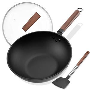 lot 13593 image: Todlabe Carbon Steel Wok - Including Glass Cover and Silicone Spatula, 13-Inch Woks & Stir-Fry Pans for Induction, Electric, Gas Stoves