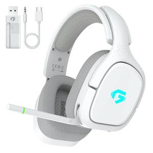 lot 13604 image: gmrpwnage 2.4GHz Wireless Gaming Headsets for PS5, PS4, PC, Switch - Bluetooth 5.4 Gaming Headphones with Noise Canceling Mic, Low Latency Connection, 3D Immersive Surround Sound, 30H Battery, White