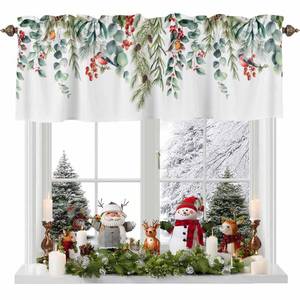 lot 14155 image: Litter Star Christmas Cardinal Kitchen Valance,Berry Green Eucalyptus Leaves Window Valances,Short Curtains Window Treatment Rod Pocket Drapes,White Valances Curtain for Bedroom Bathroom 42x12in