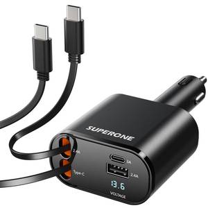 lot 14170 image: SUPERONE Retractable Car Charger for iPhone with Dual Type C Cables, 4 in 1 USB C Car Charger Adapter with 69W Fast Charging Compatible with iPhone 17 16 15 14 13 12 11 ProXSXRSEiPadAirpods