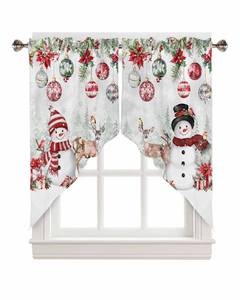 lot 14171 image: Christmas Swag Valances for Windows - Snowman Kitchen Curtains, Reindeer Poinsettia Balls Window Topper - 2 Panel for Living Room Bedroom Holiday 36x45