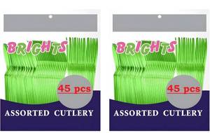 lot 14173 image: Heavy Duty Lime Green Plastic Cutlery Set �� 90 Pieces Total (2 Packs of 45) �� Includes 15 Forks, 15 Spoons, 15 Knives per Pack �� Durable Party Utensils for Events, Catering, and Everyday Use