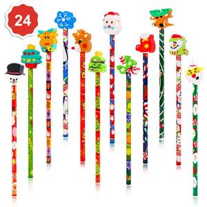 lot 14192 image: Konsait 2 Dozen (24) Christmas Pencils Assortment With Giant Eraser Topper Decorated With Santa Christmas Tree For Christmas School Party Favor Supplies Accessories Goodie Bag Stocking Filler