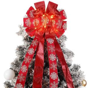 lot 4149 image: Zeyune Christmas Tree Topper 12 x 45 Inches Large Christmas Bows LED Lights Glitter Satin Mesh Streamer Snowflake Ribbon Decorative Bows for Xmas Tree Decorations Gifts(Red)