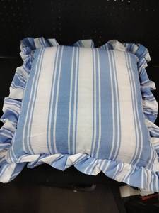 lot 5222 image: Blue and White Striped Ruffled Decorative Pillow