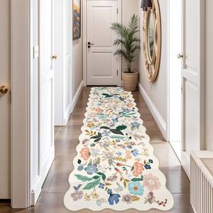 lot 5237 image: 2x10 Washable Hallway Runner Rug Long Floral Scalloped Soft Runners for Kitchen Entry Thin Non Slip Bathroom Nursery Floor Mat Water Resistant Low Pile 10ft Carpet for Living Room Bedroom(2x10,Cream)
