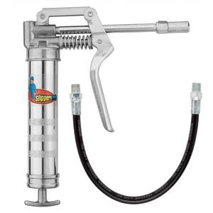 lot 6025 image: Slippery Pete Mini Pistol Grip Grease Gun. Heavy Duty Design for 3oz Cartridges. 12 inch Flexible Hose and 5 inch Rigid Extension Pipe