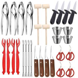 lot 6029 image: 32 PCS Seafood Tools Include Crab Crackers, Seafood Scissors,Oyster Knife, Shrimp Deveiner Tool,Lobster Sheller, Crab Hammer,and Shellfish Forks,Sauce Cups and Nutcracker Set