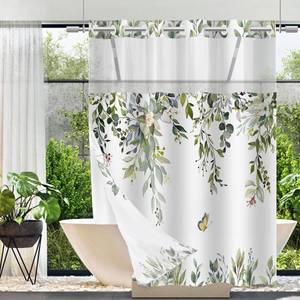 lot 6039 image: TWLSNCD No Hook Shower Curtain and Liner Set, Sage Green Eucalyptus Floral Shower Curtains for Bathroom, Bath Curtain Sets with Snap in Liner, Waterproof with See Through Top Window, 71x74 Inches