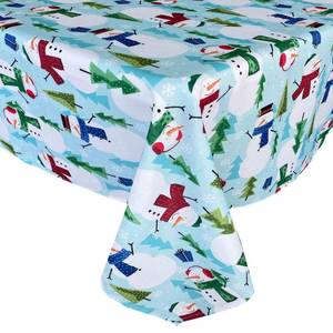lot 6084 image: Newbridge Blue Snowman Fun Christmas Fabric Tablecloth, Cheerful Snowmen and Evergreen Tree Print Xmas Soil Resistant, No Iron Easy Care Tablecloth, 60 Inch x 84 Inch Oval