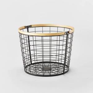 lot 7879 image: Round Black Wire with Natural Wood Handles Floor Basket - Brightroom�� 3Pk