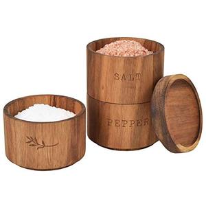 lot 8471 image: Acacia Wood Salt Pepper Shaker Set Cellar 3 piece Stacking Spice Box