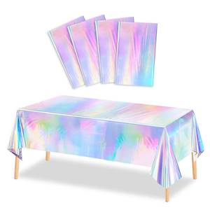 lot 8475 image: MADLYN RHUE 4 Pack Iridescence Plastic Tablecloths Shiny Disposable Laser Table Covers 54 x 108 Sequin Holographic Foil Tablecloths for Birthday, Wedding, Party, Picnic, Buffet, Holiday Decorations