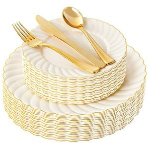 lot 9392 image: YOUBET 125PCS Scalloped Plastic Plates - Ivory Scalloped Disposable Plates - Gold Plastic Dinnerware Set Include 50 Plates, 75 Gold Silverware for Party & Wedding