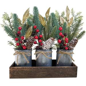 lot 9394 image: Winlyn Christmas Floral Arrangement Farmhouse Centerpiece Faux Pine Branches Pinecone Red Berry Stems Glitter Leaves Christmas Picks in Galvanized Pots with Wood Box for Holiday Table D�cor