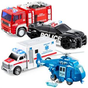lot 10265 image: JOYIN 34 Packs Emergency Vehicle Toy Playsets, Friction Powered Vehicles with Light and Sound, Including Fire Truck, Ambulance, Play Police Car and Helicopter, Toddler Kids Boys Gifts