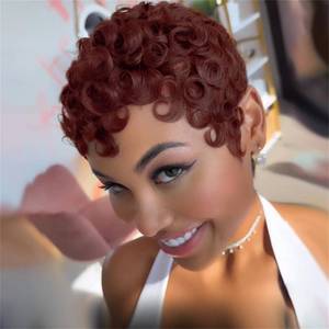 lot 10495 image: FREEKWEEN Short Curly Wig Pixie Cut Human Hair for Black Women 4# Chocolate Color Short Wig for Women Human Hair Layered Haircut Summer Glueless Wigs with Bangs Wear and Go Wigs
