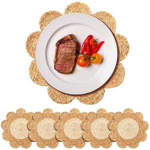 lot 11548 image: Gandeer 6 Set 11.8 Round Woven Rattan Placemats Plate Chargers, Two-Tone Floral Placemat Rattan Place Mats, Boho Farmhouse Braided Straw Table Mats House Warming Gift Dining Table Decor, Party