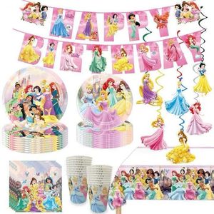 lot 14251 image: 88PCS Disne Princess Birthday Decorations40 Plates (9 inch  7 inch), 20 Napkins, 20 Cups, 1 Happy Birthday Banner, 6 Hanging Swirls, 1 Tablecloth