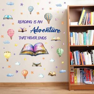 lot 14258 image: OLMIXA Reading Book with Hot Air Balloon Wall Decals, Reading is an Adventure That Never Ends Positive Quote Stickers, Vinyl Educatinal Read Book Wall Art for Library Classroom Playroom Decor