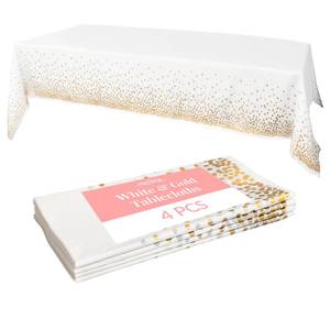 lot 14261 image: Prestee White and Gold Tablecloths, 4pk, 54x108 Inches - Party Table Cloths Disposable - Gold Dot Disposable Tablecloths - Plastic Table Cloth - Engagement Party Decorations, Baptism Decorations