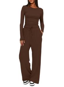 lot 14275 image: Darong Womens 2 Piece Outfits Lounge Sets Ruched Long Sleeve Tops and Wide Leg Pants Tracksuit Sets 9065A Coffee S
