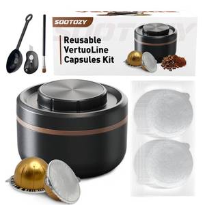 lot 14295 image: sootozy Reusable Vertuo Capsule Pods Kit for Nespresso with 100PC AL Foil Seals Lids, Refillable Coffee Pods for VertuoLine Compatible with Nespresso VertuoPlus Espresso Machine