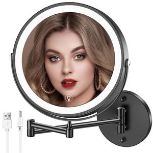 lot 15044 image: MNIENT Wall Mounted Lighted Makeup Mirror, 8 Rechargeable Double-Sided Light up Magnifying Mirror 1x10x,3 Color Led Vanity Mirror with Lights,Touch Dimmable 360° Rotation Foldable-Black