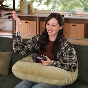 lot 15067 image: AmyWtb Ergonomic U-Shape Gaming & Lap Pillow - Crochet Pillow & Reading Support Pillow with Arm Relief, Comfort for Gamers, Crafters & Book Lovers (Sage Green)