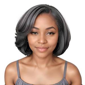 lot 16127 image: HANASCC Salt and Pepper Wigs for Women 10 Glueless Grey Short Bob Wigs Pre Plucked Body Wave Gray Human Hair Wig Pre Cut 5x5 HD Transparent Grey Glueless Lace Front Wigs for Women