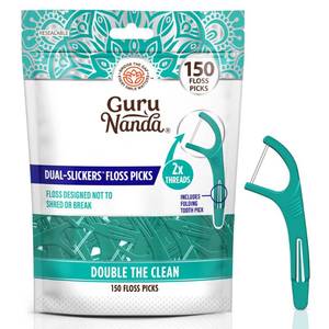 lot 16137 image: GuruNanda Dual Slickers Floss Picks - Double Threaded Dyneema Dental Floss with Foldable Toothpick for Effective Plaque Removal - Unflavored- 150 Ct
