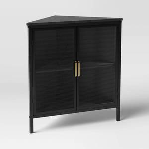 lot 17055 image: Mesh Corner Cabinet Black - Threshold�� Sleek Metal Storage with Golden Handles, V-Shaped Design