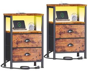 lot 17084 image: Furologee Nightstands Set of 2 Charging Station, End Tables with LED Lights, Nightstands with 2 Fabric Drawers and Shelves, Bedside Tables for Living RoomBedroom,Rustic Brown