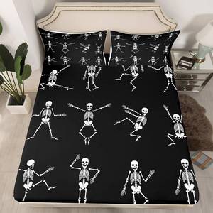 lot 18034 image: Erosebridal Sugar Skull Sheet Set Queen Size Skeleton Bones Bedding Set for Kids Boys Girls Teens Adult Halloween Horror Theme Fitted Sheet Gothic Spooky Bed Sheet Wrinkle Bedclothes(No Flat Sheet)