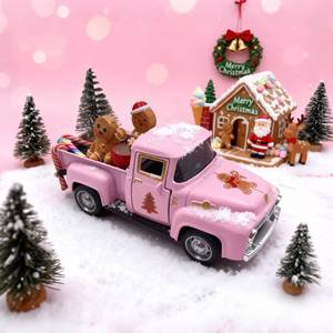lot 18059 image: Pink Gingerbread Christmas Decor Vintage Farmhouse Metal Truck with Mini Xmas Tree Gingerbread Man Hot Cocoa Candy Canes Pastel Ginger Bread Christmas Table Decorations for Holiday Mantel Home Kitchen