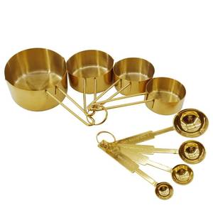 lot 18072 image: Gold 304 Stainless Steel Measuring Cup and Spoon Set, Stackable, 8-Piece, Long Handle for Narrow Bottles, Premium Gold Kitchen Utensils for and Cooking