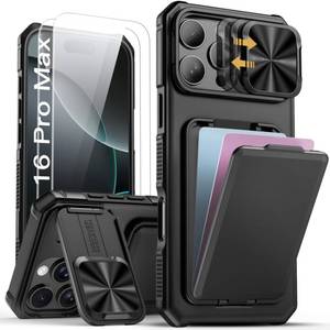 lot 18076 image: SSLOTSCASE for iPhone 16 Pro Max Case with 2X Screen Protector, Card Holder & Kickstand & Slide Camera Lens Cover, Silicone Edge Rugged Heavy Duty Phone Case Cover for iPhone 16 Pro Max 6.9, Black