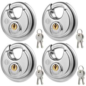 lot 20402 image: HOX Keyed Disc Padlock, Stainless Steel Keyed-Alike Padlocks, 4-Pack Heavy Duty Locks, Waterproof Outdoors Lock with 38 Inch Shackle, 2-34 Inch Wide Body, for Hasp Latch, Fences, Storage Locker