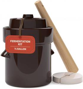 lot 3450 image: Fermentation Crock 12 Gallon - Sauerkraut Crock with Lid, Weights & Pounder - Ceramic Fermenting Crock Kit for Pickling Cabbage Kimchi Vegetables - 2 Liter Fermentation Jar - Stoneware Pickle Pot