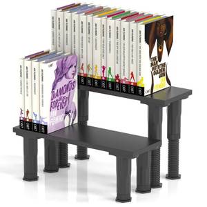 lot 3452 image: Manga Shelf Risers, 2 Pack Book Riser for Bookshelves, Black Wooden Height Adjustable Comic Books Shelves for Double Rows Display Stand for Books, Collectibles, Anime Figurines, Blind Boxes, CDs
