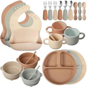 lot 3485 image: 24 Pack Silicone Baby Feeding Set Baby LED Weaning Supplies Includes Suction Divided Plates Soft Bowl Spoons Forks Adjustable Bib Snack Cup and Straws(Walnut Color, Beige, Smoky Gray)