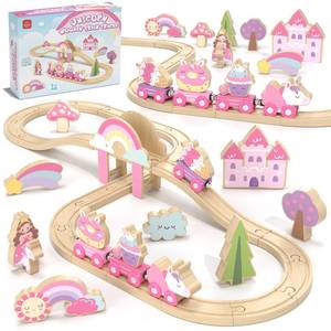 lot 3495 image: Lehoo Castle Wooden Train Set - Unicorn Train Set for Toddlers 2-4, Wooden Train Track Toddler Girl Toys, Pink Train Fantasy Toys for 3 4 5 6 7 Year Old Girl