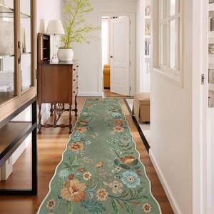 lot 3500 image: Lahome Floral Hallway Runner Rug Non Slip, 26x10 Washable Runner Rug Soft Ultra-Thin Soft Kitchen Runners for Hallways, Distressed Carpet for Entryway Bathroom(Green)