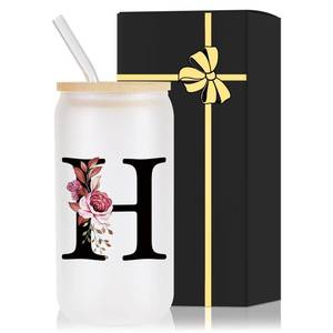 lot 4177 image: Monogrammed Glass Drinking Cup With Lid Straw Brides for Her Wedding Day Bridal Shower Bachelorette Party Engaged Engagement Cute Personalized Unique Cool Special Customized Best Present Gifts,H